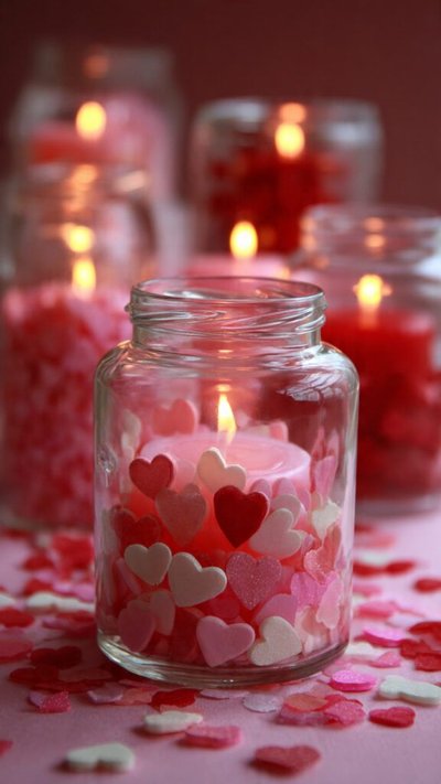 Bougies dans des pots en verre entourées de confettis en forme de cœur Source - Blossom Home Life-Trusted I home decor | recipes | DIY projects Pinterest Bougies dans des pots en verre entourées de confettis en forme de cœur roses, rouges et blancs pour une décoration de Saint-Valentin romantique Source - Blossom Home Life-Trusted I home decor | recipes | DIY projects Pinterest