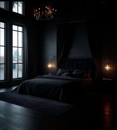 Chambre élégante et sombre avec lit double en tissu noir, murs en briques foncées, grandes fenêtres avec vue urbaine, rideaux épais et éclairage tamisé pour une atmosphère intime et luxueuse Source - Charn Johal Pinterest