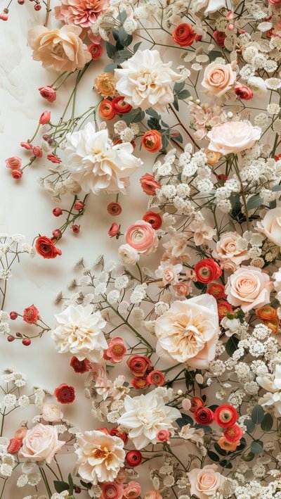 Arrangement floral élégant composé de roses, dahlias et fleurs sauvages aux tons crème, rose et rouge sur fond clair Source - Chechena Pinterest