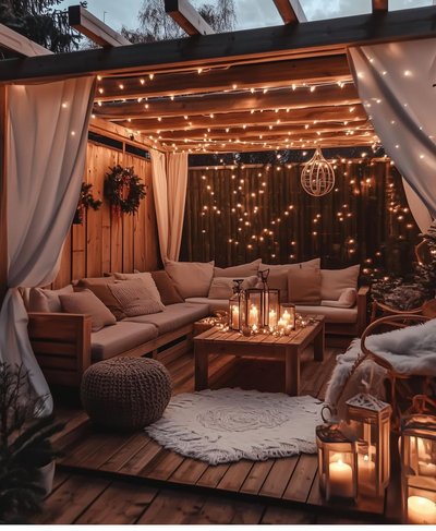 Terrasse en bois couverte décorée de lumières féériques Source - Chelsea McGlone Pinterest Terrasse en bois couverte décorée de lumières féériques, lanternes à chandelles, coussins beiges et rideaux blancs, créant une ambiance chaleureuse et festive en soirée Source - Chelsea McGlone Pinterest