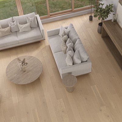 Salon moderne avec grandes fenêtres et plancher en chêne blanc Select TB14 de Flordeco, ambiance chaleureuse et naturelle.