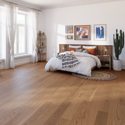 Chambre lumineuse et stylée avec plancher en chêne rouge Select TB14 de Flordeco, décor boho chic et ambiance chaleureuse.