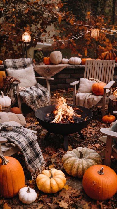Coin feu extérieur décoré pour l'automne avec fauteuils en bois Source - ciara atkins Pinterest Coin feu extérieur décoré pour l'automne avec fauteuils en bois, couvertures, citrouilles colorées et guirlandes lumineuses, créant une ambiance conviviale au milieu des feuilles d'automne Source - ciara atkins Pinterest