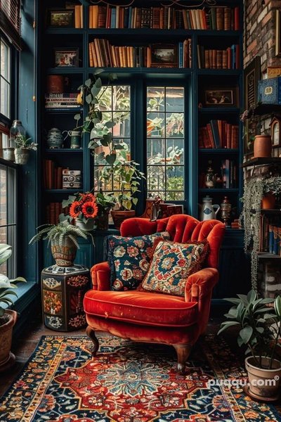 Coin lecture chaleureux avec fauteuil en velours rouge, coussins à motifs orientaux, bibliothèque bleue remplie de livres et plantes d'intérieur pour une ambiance vintage et cosy par Cindy Reilly Pinterest