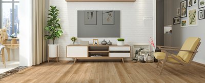 Salon lumineux avec plancher en vinyle Cocoon de Fuzion Flooring, style bois naturel et décor contemporain.