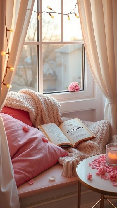 Coin lecture cosy décoré pour la Saint-Valentin avec coussins roses, bougie allumée et un livre ouvert près d'une fenêtre lumineuse Source - CozyHomeHaven Pinterest