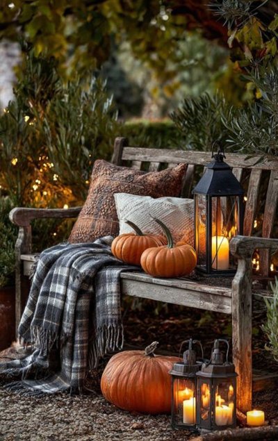 Banc en bois rustique décoré pour l'automne avec citrouilles, coussins texturés, lanterne à chandelle et couverture à carreaux, entouré de verdure et d'un éclairage chaleureux Source - ConnyundKitty Pinterest