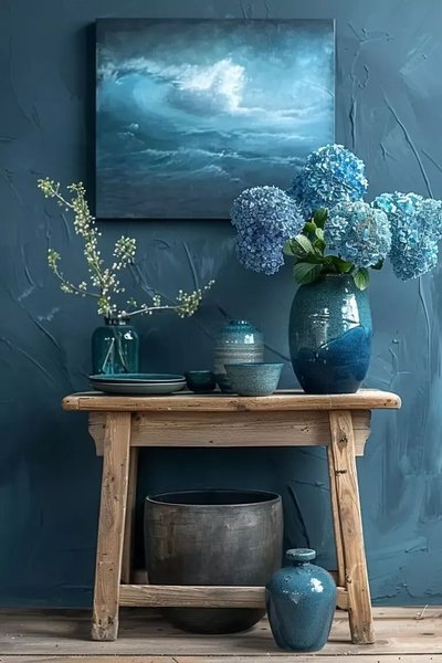 Décoration intérieure avec des vases bleus en céramique, dont un rempli d'hortensias bleus, posés sur une table en bois rustique, devant un mur texturé bleu et un tableau représentant une mer agitée Source - Cornelia Gramescu Pinterest