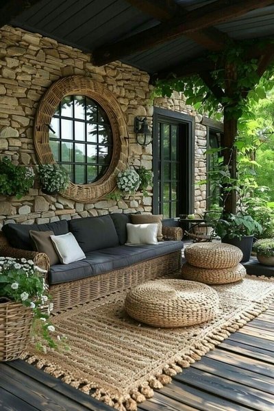 Terrasse rustique avec mur de pierres, canapé en rotin, coussins neutres, poufs tressés, tapis en fibres naturelles et plantes verdoyantes sous un toit en bois foncé Source - Costway NL Pinterest