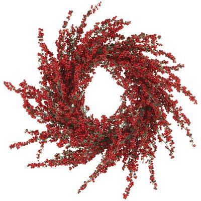 Couronne de Noël décorative composée de baies rouges artificielles et de feuillage vert, parfaite pour une décoration festive de porte ou de mur - Décors Véronneau