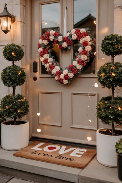Porte d'entrée décorée pour la Saint-Valentin Source - DollHouseWow | Home Decor & Organization Inspirations Pinterest Porte d'entrée décorée pour la Saint-Valentin avec une couronne en forme de cœur faite de roses rouges et blanches, deux plantes en pot et un tapis de bienvenue 'Love lives here' Source - DollHouseWow | Home Decor & Organization Inspirations Pinterest