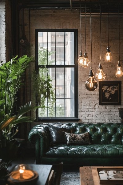 Salon industriel avec murs en briques blanches, canapé en cuir vert foncé par Cozy & Home Pinterest Salon industriel avec murs en briques blanches, canapé en cuir vert foncé, suspension d'ampoules vintage et plantes vertes créant une ambiance urbaine et sophistiquée par Cozy & Home Pinterest