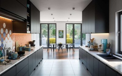 Cuisine contemporaine à design foncé signée Onivo, avec armoires noires mates, dosseret à motifs hexagonaux cuivrés et bleus, comptoirs en quartz pâle et grande fenestration donnant sur une terrasse aménagée