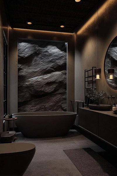 Salle de bain au design contemporain avec baignoire autoportante foncée, mur accent en pierre naturelle, éclairage tamisé et finitions minimalistes pour une ambiance spa intimiste Source - Dailycozyliving Home Decor & Cozy Inspiration Pinterest