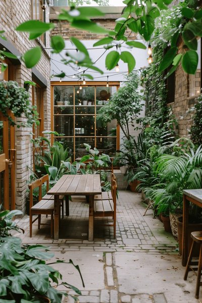 Terrasse extérieure verdoyante avec table en bois Source - Dawn Rose Pinterest Terrasse extérieure verdoyante avec table en bois, chaises assorties et guirlandes lumineuses entre des murs de briques, créant une ambiance naturelle et conviviale Source - Dawn Rose Pinterest