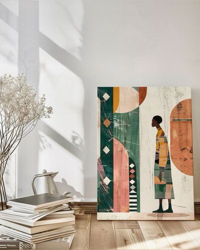 Affiche moderne posée au sol représentant une silhouette stylisée de profil, entourée de formes géométriques colorées dans une pièce baignée de lumière naturelle avec des livres empilés et des fleurs séchées Source - Deborah pittman Pinterest