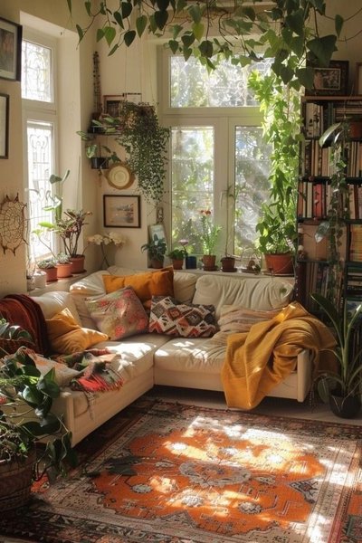 Salon chaleureux et lumineux rempli de plantes d’intérieur, coussins colorés et tapis vintage – inspiration Pinterest par Modern Avenue Design et Debranetics