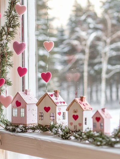 Décoration de Saint-Valentin sur le rebord d'une fenêtre avec des mini maisons ornées de cœurs et des guirlandes suspendues de cœurs roses et rouges Source - Evelyn LaFon Pinterest