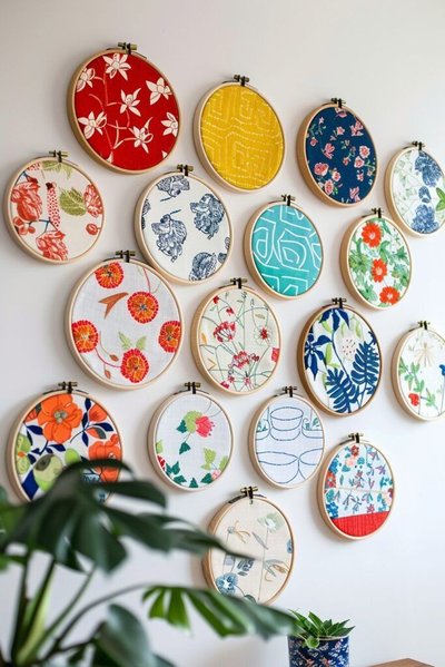 Décoration murale faite d'anneaux de broderie remplis de tissus colorés et floraux, accrochés en motif décoratif sur un mur blanc Source - Hair Nails & Interior Designs Pinterest