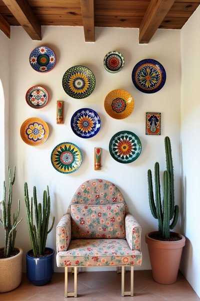 Mur blanc décoré d'assiettes en céramique colorée dans un style mexicain, avec une chaise tapissée de motifs floraux et des cactus en potsSource - Mexican Elegance Decor Pinterest