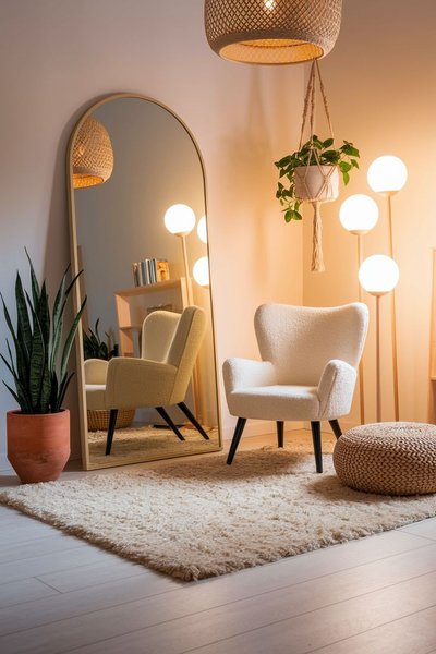 Coin lecture cosy avec fauteuil crème, grand miroir en pied, suspension en rotin et éclairage chaleureux Source - Sweet Space Living Pinterest