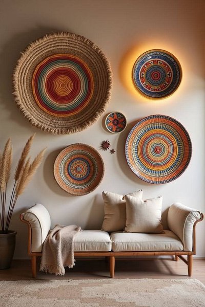 Mur décoré de paniers en osier tressés aux motifs ethniques et colorés, accompagnés d'un canapé crème avec coussins beiges dans un intérieur chaleureux Source - Mónica González Rodríguez Pinterest