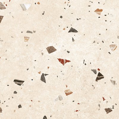 Gros plan d’un revêtement de sol en terrazzo beige avec éclats de pierre multicolores, incluant des fragments noirs, rouges, bruns et gris, idéal pour un décor intérieur moderne au style naturel et chaleureux par Déco Surfaces.