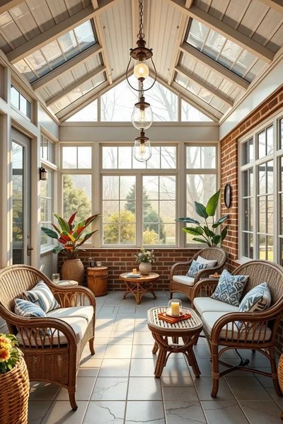 Solarium quatre saisons avec murs de briques, toit cathédrale vitré, mobilier en rotin, coussins décoratifs et plantes tropicales en pots Source - Decor by Luxe Home Decor Ideas Pinterest