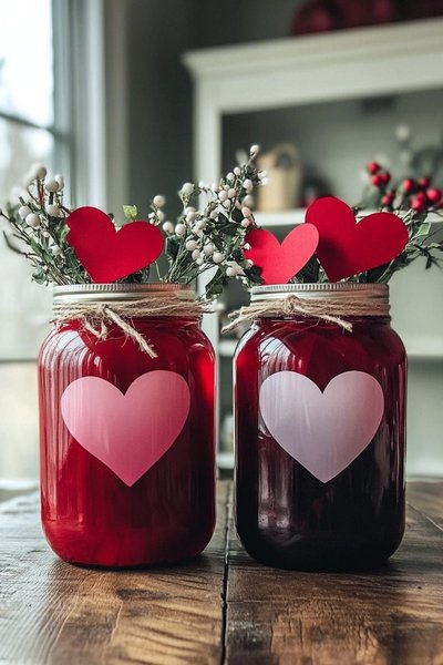 Deux pots en verre rouges décorés de cœurs roses Source - Chique Home Living/ Home Decor, Crafts, Holidays & Lifestyle Pinterest Deux pots en verre rouges décorés de cœurs roses et garnis de branches et de cœurs en papier pour une déco de Saint-Valentin faite maison Source - Chique Home Living/ Home Decor, Crafts, Holidays & Lifestyle Pinterest