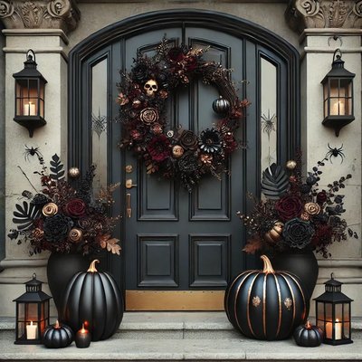 Porte d'entrée décorée pour l'Halloween avec une couronne florale noire et bourgogne, des citrouilles noires et dorées, des lanternes et des arrangements floraux gothiques.