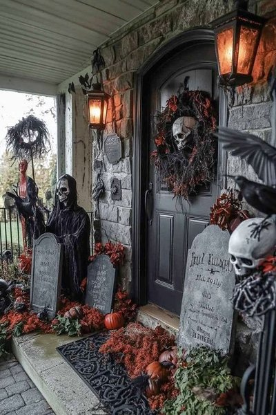 Entrée de maison décorée pour l'Halloween avec pierres tombales, squelettes, crânes, corbeaux, citrouilles et une couronne gothique sur une porte noire.