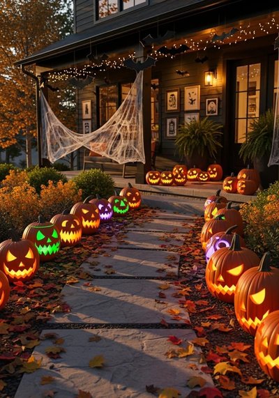 Allée de maison décorée pour l'Halloween avec des citrouilles sculptées lumineuses aux visages colorés, des feuilles d'automne, des toiles d'araignée et une galerie illuminée.