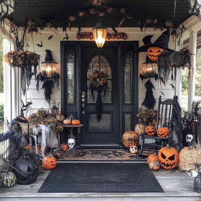 Balcon décoré pour l'Halloween avec citrouilles sculptées, toiles d'araignée, chapeaux de sorcière, crânes décoratifs et couronne automnale sur une porte noire.