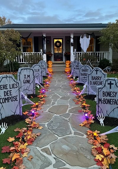 Allée de maison décorée pour l'Halloween avec des pierres tombales, des squelettes, des toiles d'araignée, des citrouilles illuminées et un fantôme suspendu devant la porte d'entrée.