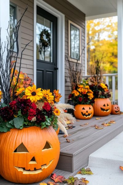 Galerie décorée pour l'Halloween avec des citrouilles sculptées remplies de fleurs d'automne colorées, des feuilles tombées et une porte d'entrée noire.