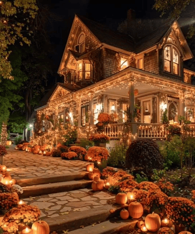 Décoration Maison Extérieure Halloween avec lumières et citrouilles