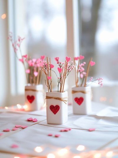 Centre de table romantique avec petits pots blancs décorés de cœurs rouges scintillants, remplis de tiges et de cœurs roses en papier, sur fond de lumière tamisée Source - Gloria Englberger Pinterest