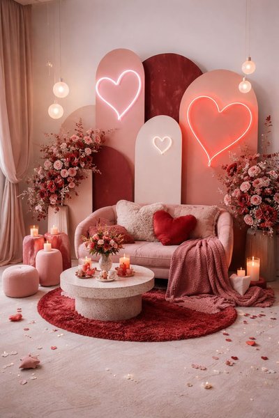Salon décoré pour la Saint-Valentin avec des coussins en forme de cœur, des fleurs rouges et roses, des bougies allumées et des néons en forme de cœur sur un fond rose et rouge Source - ФОТОГРАФ ZDARONOKIA СПБ Pinterest