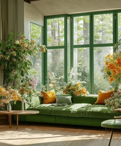 Salon lumineux avec grandes fenêtres vertes par DecorMatters Pinterest Salon lumineux avec grandes fenêtres vertes, canapé vert, coussins jaunes et nombreuses fleurs colorées créant une ambiance naturelle et ensoleillée par DecorMatters Pinterest