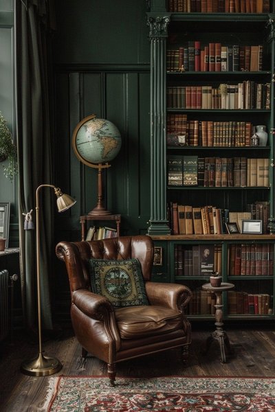 Bibliothèque élégante au style classique avec murs vert foncé, fauteuil en cuir brun, globe terrestre ancien et étagères remplies de livres reliés pour une ambiance chaleureuse et intellectuelle Par Decors Comfy Pinterest