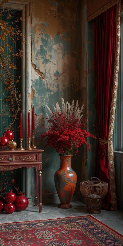 Décor intérieur élégant avec un vase orange et vert rempli de fleurs rouges et de pampas, posé devant un mur texturé bleu et beige, à côté d'un rideau rouge luxueux et d'une table ornée de bougies et décorations rouges Source - Dega Pinterest