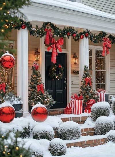 Façade de maison décorée pour Noël avec sapins enneigés, boules rouges géantes, couronne sur porte noire, guirlande lumineuse et cadeaux rouges et blancs sur le perron Source - Denise Lafferty Pinterest