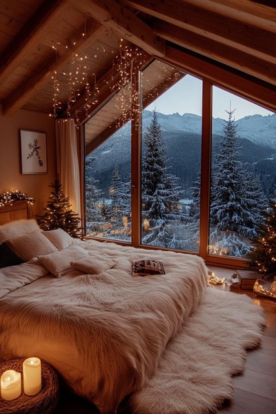 Chambre cosy avec lit recouvert de fausse fourrure, guirlandes lumineuses et vue panoramique sur des montagnes enneigées à travers de grandes fenêtres en bois Source - DGV architecture Pinterest