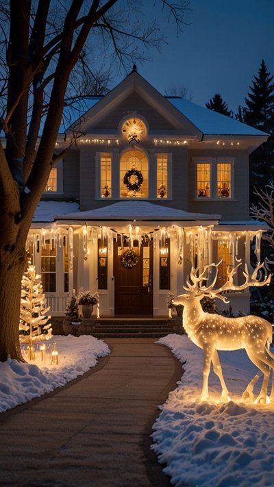 Maison élégamment décorée pour Noël avec guirlandes lumineuses blanches, couronnes festives, un renne lumineux et un chemin enneigé illuminé par des bougies Source - Digi Cart Pinterest
