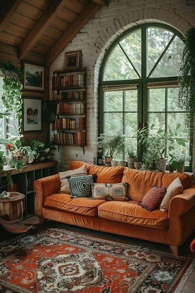 Salon chaleureux avec canapé en velours orange par Donna Evans Pinterest Salon chaleureux avec canapé en velours orange, murs en briques blanchies, grande fenêtre arrondie verte et plantes d'intérieur créant une ambiance cosy et naturelle par Donna Evans Pinterest