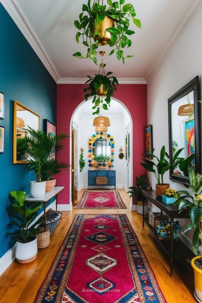Entrée de maison colorée et accueillante avec des murs bicolores bleu et bordeaux, de nombreuses plantes en pots suspendus et au sol, deux tapis longs à motifs orientaux rouge et bleu Source - Dormouse Life Pinterest