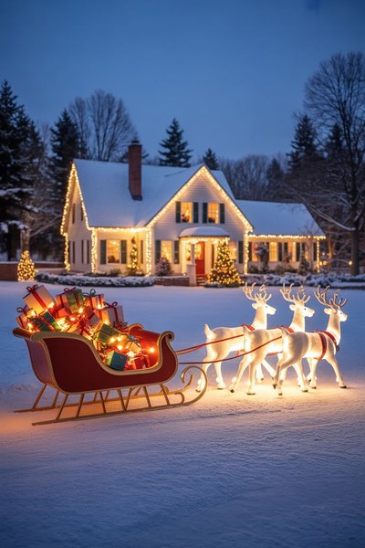 Maison décorée pour Noël avec lumières blanches, traîneau illuminé rempli de cadeaux et rennes lumineux dans un paysage enneigé Source - Dream Home Inspo Interior Ideas Design Trends Home Staging Pinterest