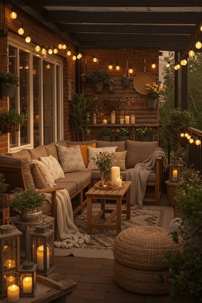Balcon chaleureux avec canapé en bois Source - Dreamy Decor Explore AI Decor Ideas Pinterest Balcon chaleureux avec canapé en bois, coussins décoratifs, guirlandes lumineuses, plantes en pot et lanternes, créant un coin détente parfait pour les soirées d'été Source - Dreamy Decor Explore AI Decor Ideas Pinterest