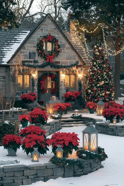 Maison de style cottage en pierre décorée pour Noël avec guirlandes lumineuses, couronnes, poinsettias rouges et lanternes dans un jardin enneigé Source - Ed Capetillo Pinterest