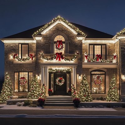 Maison en pierre magnifiquement décorée pour Noël avec guirlandes lumineuses, couronnes, rubans rouges et sapins illuminés sur la façade enneigée Source - Ed Capetillo Pionterest